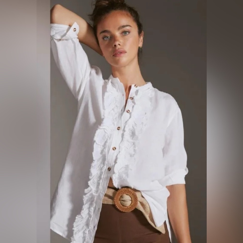 Anthropologie: Pilcro White Linen Blend Ruffled Placket Button- Up Shirt.